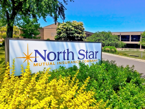 A close-up of the North Star Mutual entrance sign surrounded by yellow and green foliage.