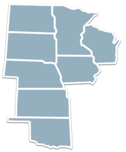 Map of eight central US states connected, shaded blue and outlined in white.